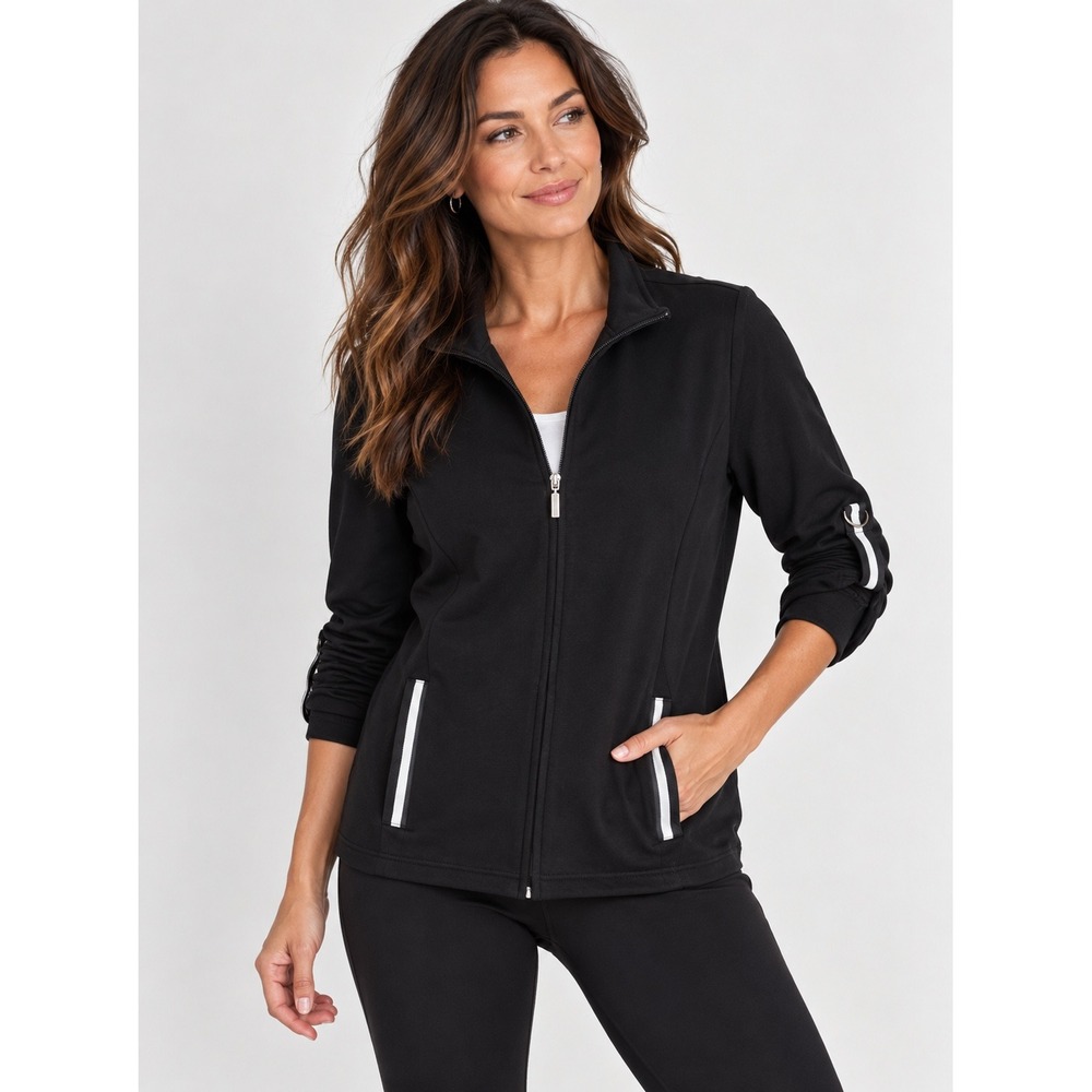 Karen Scott Sport Womens M French Terry Jacket Deep Black Full Zip Mock Neck NEW